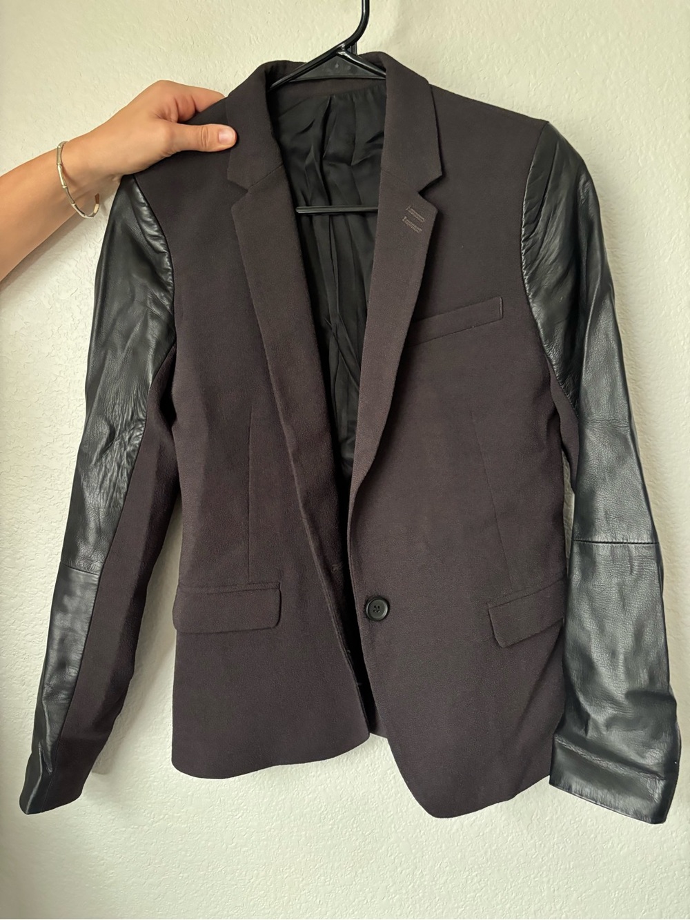 The Kooples Black Blazer with Leather Sleeves
